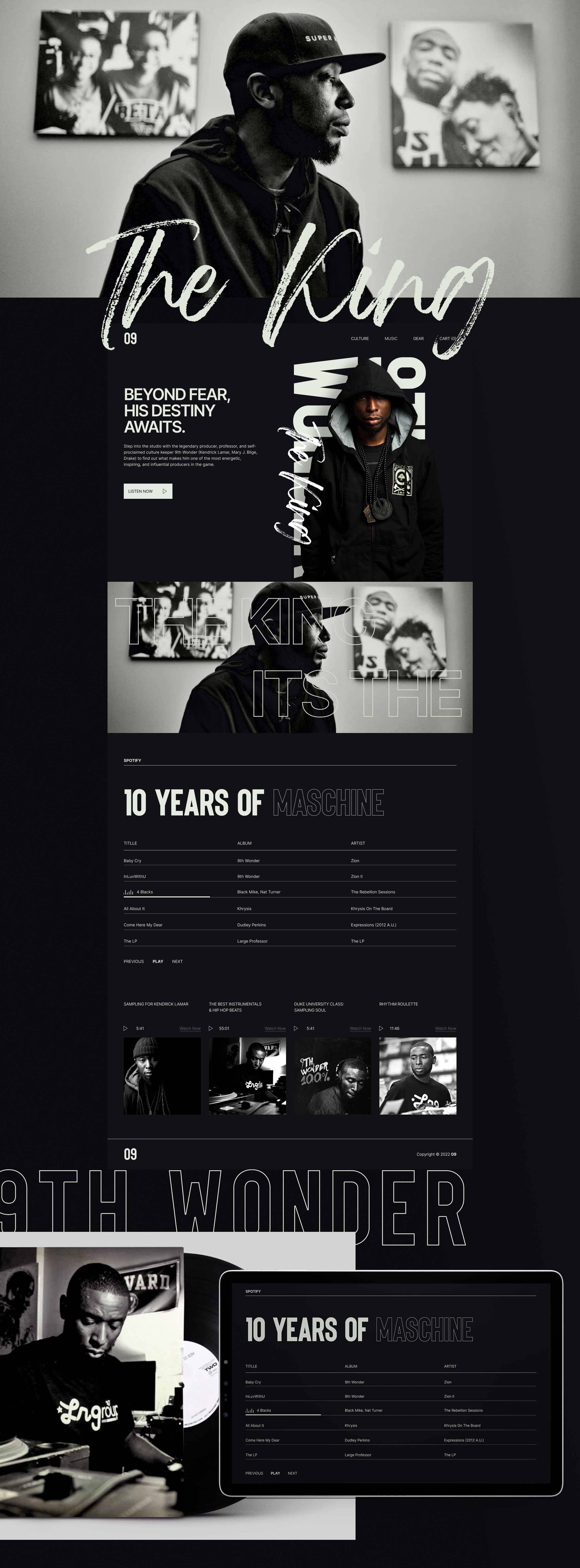 9th Wonder website UI design — homepage and navigation