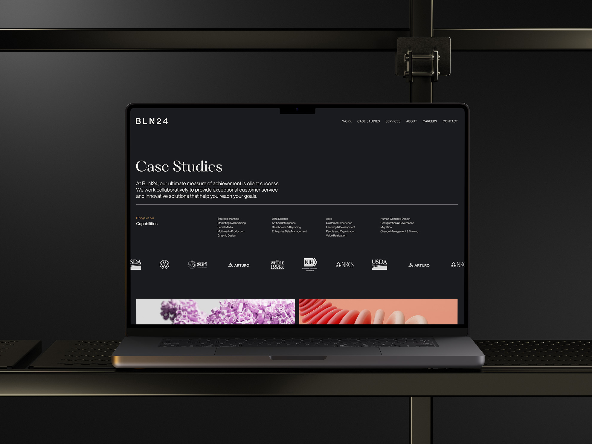 BLN24 — Branding and website design case study, laptop mockup showing Case Studies page