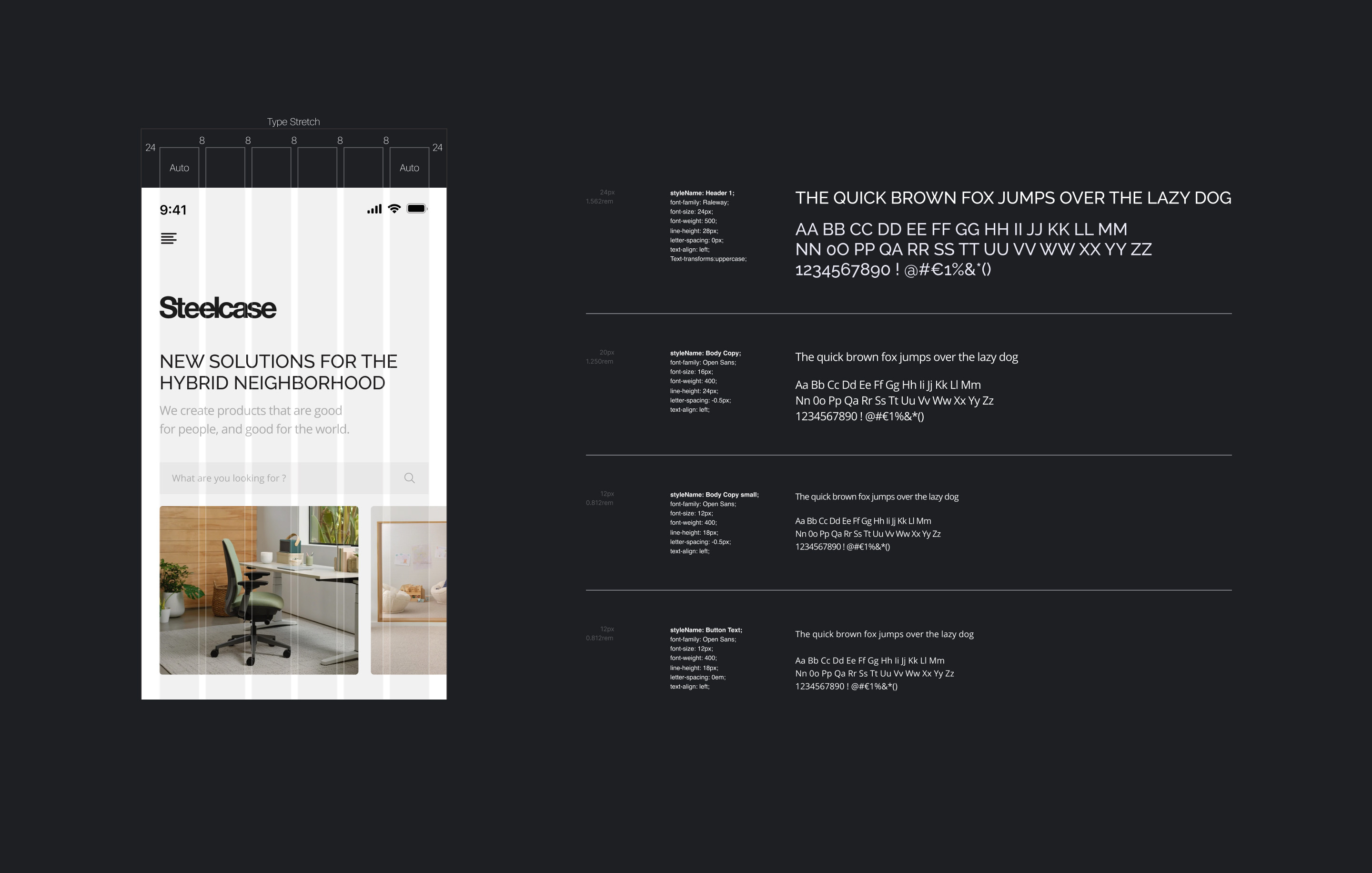 Steelcase design system — interaction patterns, iconography, and layout grid