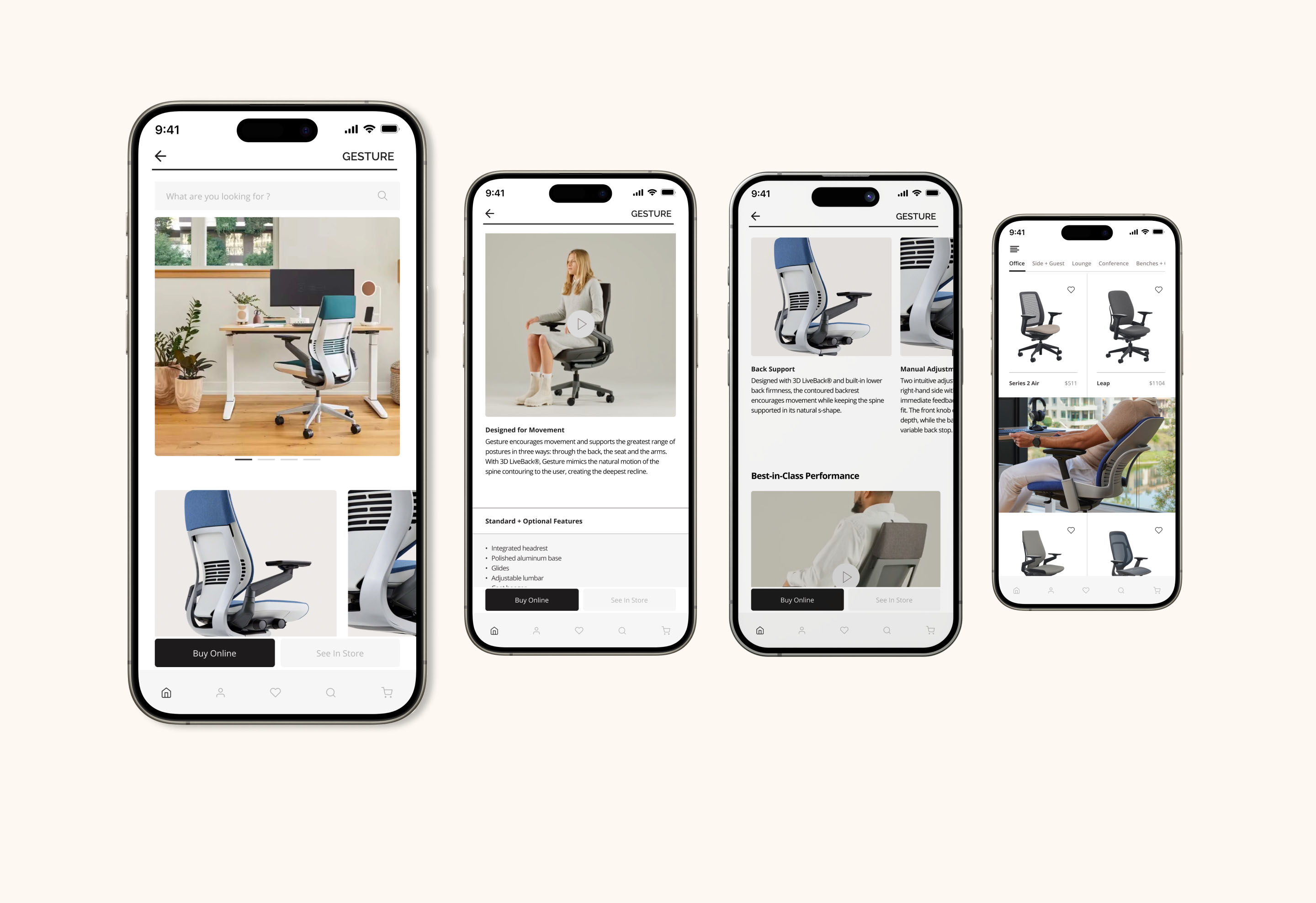 Steelcase mobile app — product detail and configuration screens on iPhone